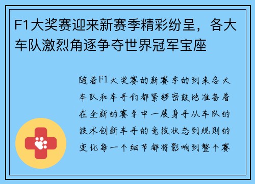 F1大奖赛迎来新赛季精彩纷呈，各大车队激烈角逐争夺世界冠军宝座