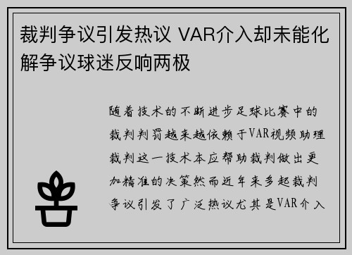 裁判争议引发热议 VAR介入却未能化解争议球迷反响两极